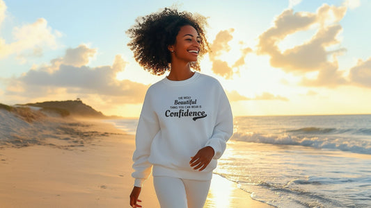 A woman walks along the beach at sunset, smiling confidently. She wears a white sweatshirt with the affirmation "The Most Beautiful Thing You Can Wear is Confidence" as ocean waves roll behind her. The scene radiates warmth, empowerment, and self-love.