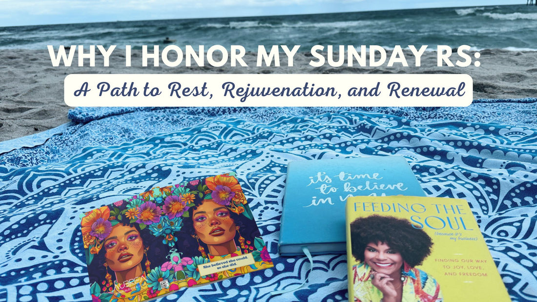Aubriea's serene Sunday beach scene with journals and inspiring books for a soulful reset. Embrace rest, renewal, and reflection.