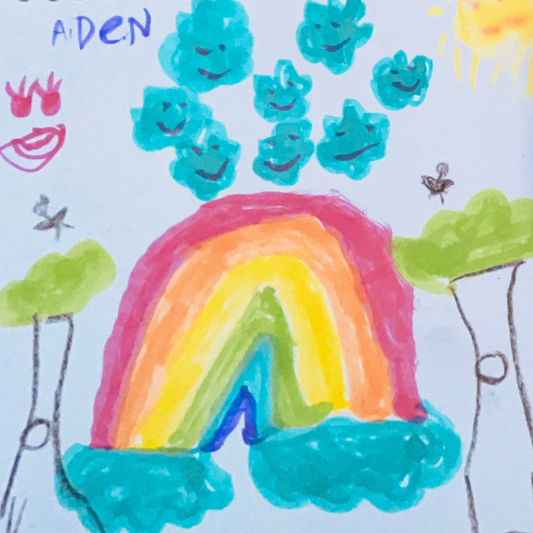 My 8 year old grandson's hand-drawn painting of rainbow, clouds and the sun