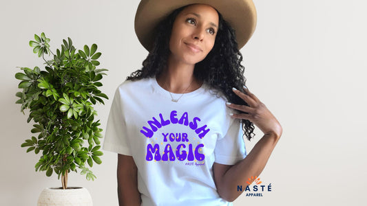 young woman wearing unleash your magic t-shirt