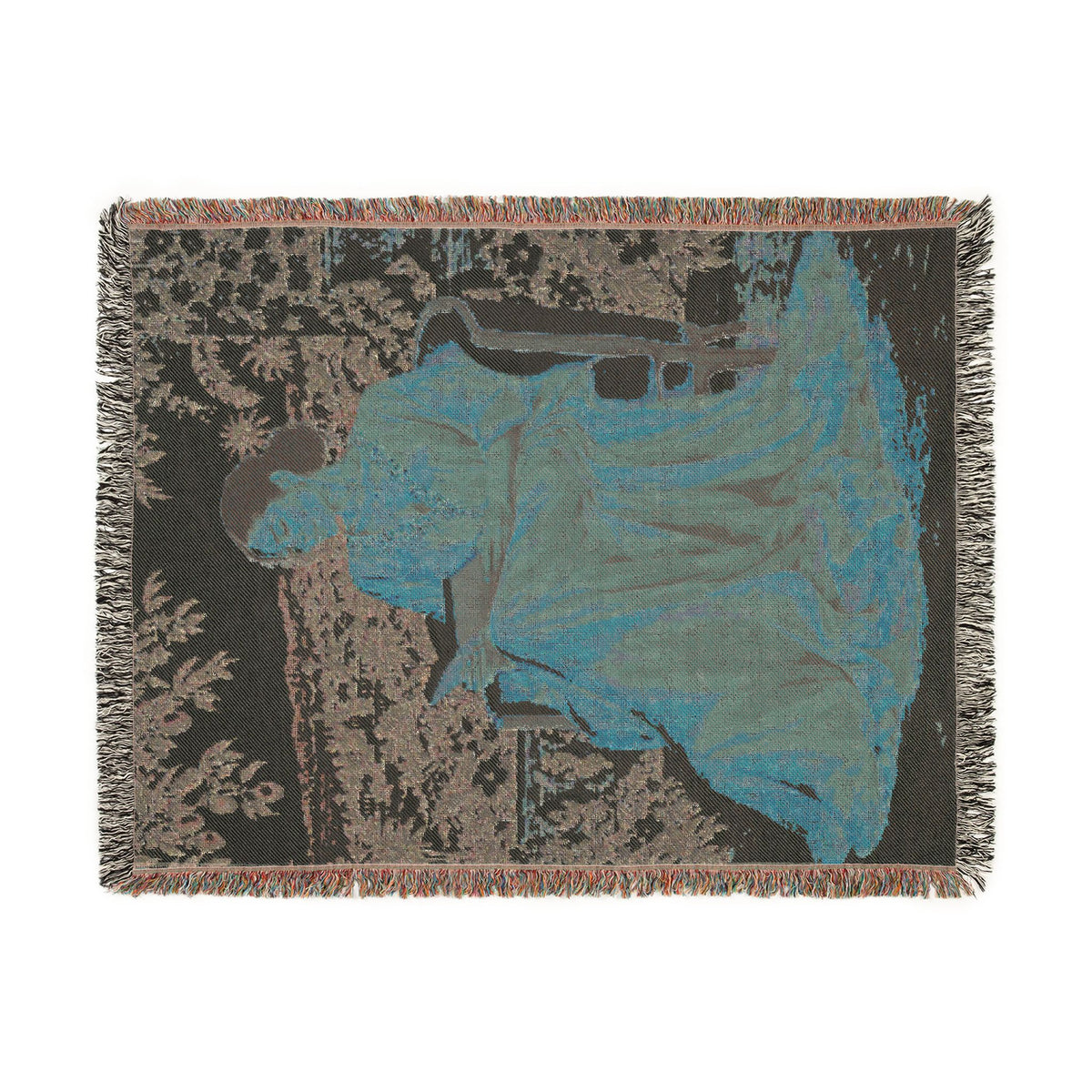 Woman Reading Blue Toile Woven Tapestry Blanket, Main Character Art, Book Lover Decor, 100% Cotton