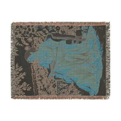 Woman Reading Blue Toile Woven Tapestry Blanket, Main Character Art, Book Lover Decor, 100% Cotton