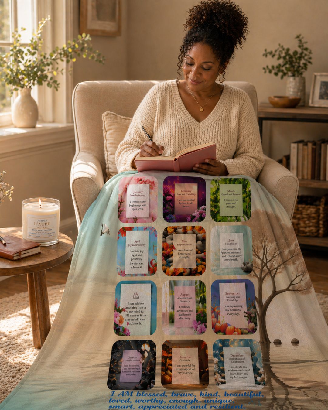 Monthly Affirmations Blanket — A 12 Month Journey of Self Love | Sherpa Throw | Mother's Day Gift for Her | Inspirational Gift for Women