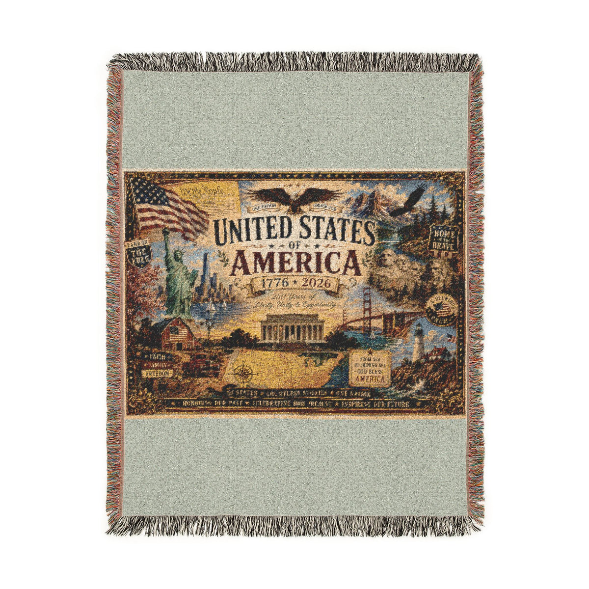 USA 250th Anniversary Woven Throw Blanket — Statue of Liberty, Mount Rushmore & American Flag Commemorative Throw