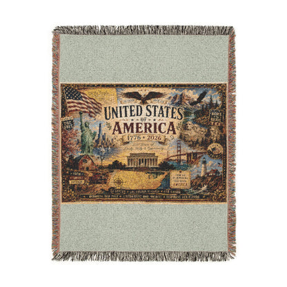 USA 250th Anniversary Woven Throw Blanket — Statue of Liberty, Mount Rushmore & American Flag Commemorative Throw