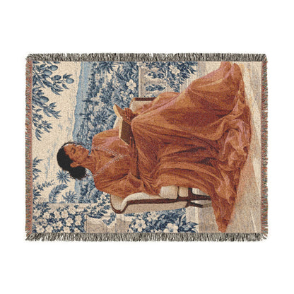 Woman Reading Blue Toile Woven Tapestry Blanket, Main Character Art, Book Lover Decor, 100% Cotton