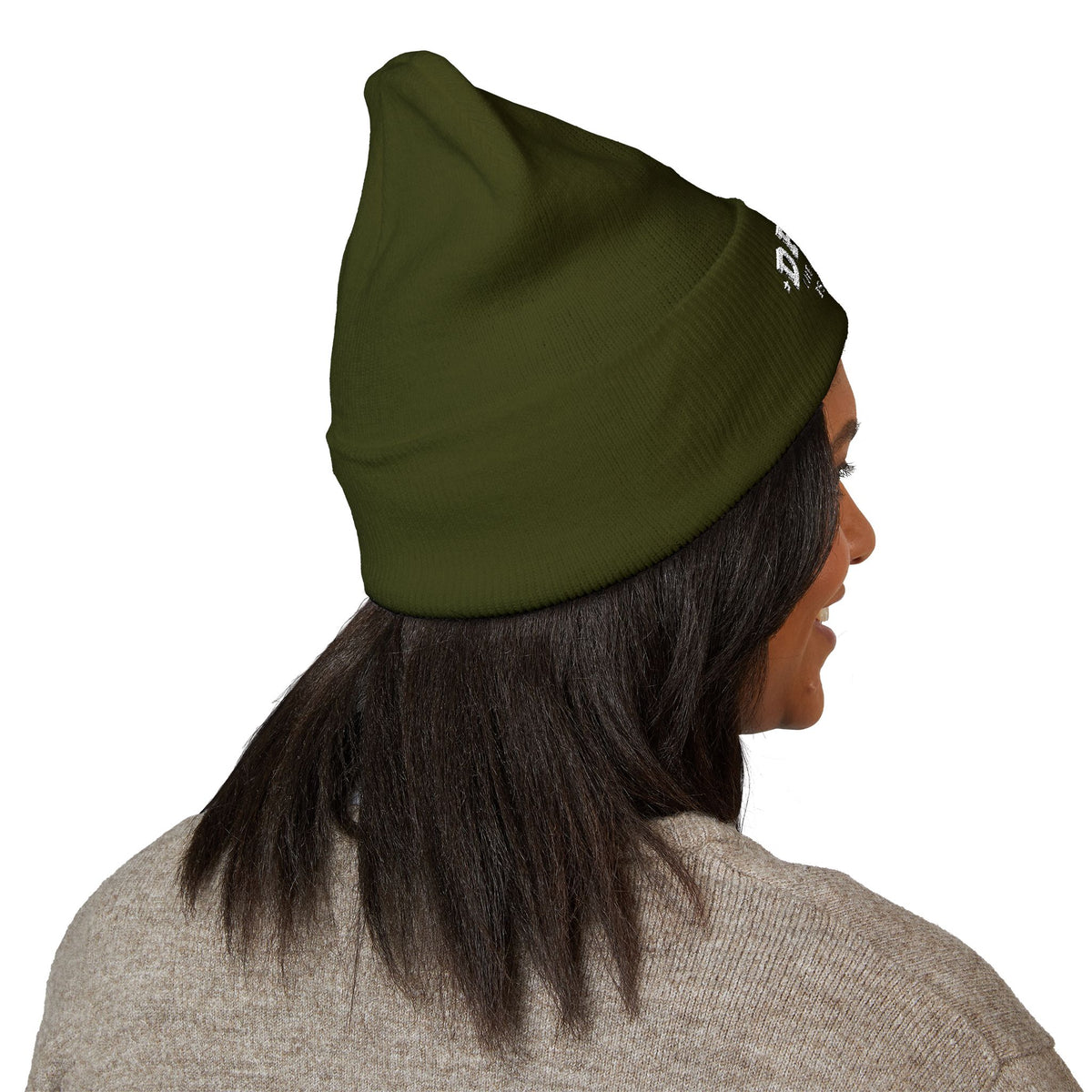 Side view of the embroidered cuffed beanie, Olive, worn