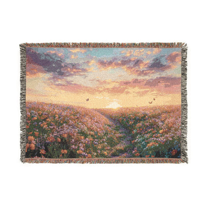 Serene Landscape at Dawn Woven Throw — Wildflower Tapestry | 100% Cotton