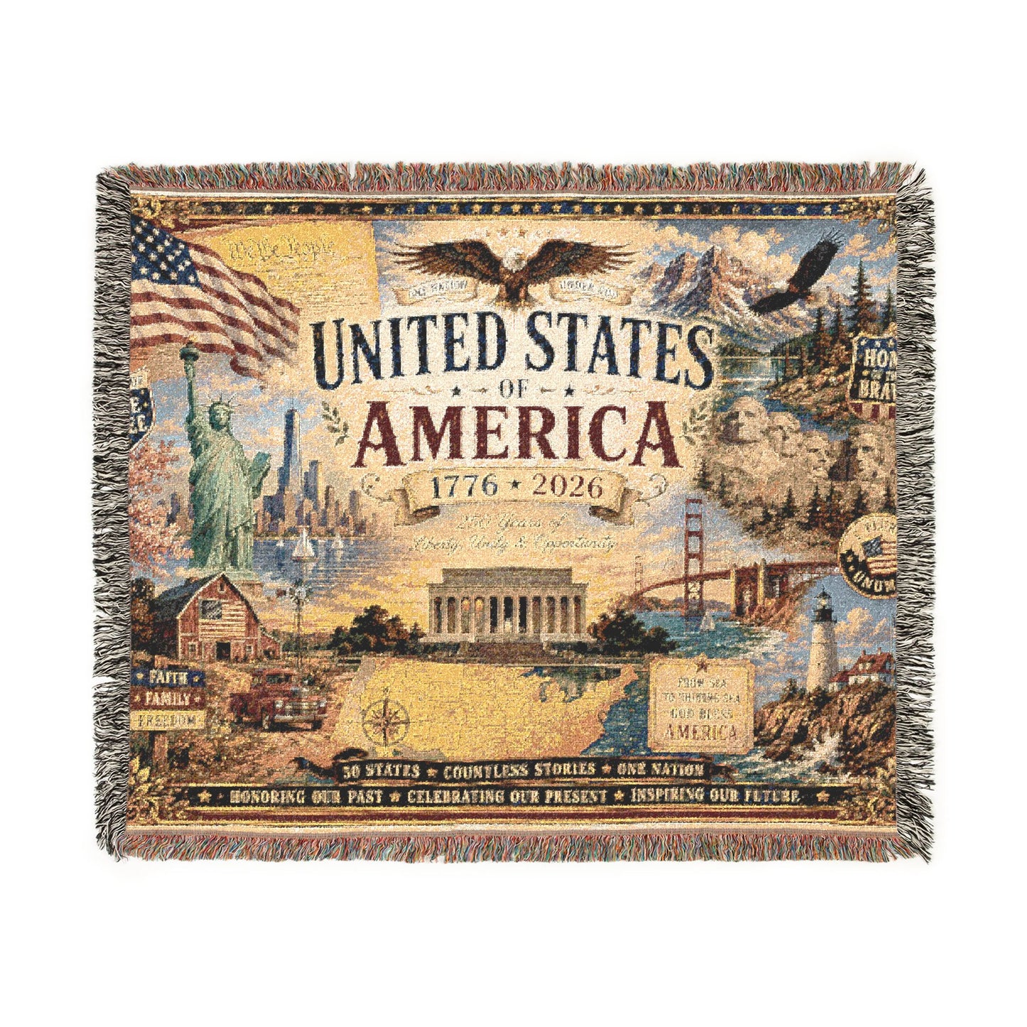 USA 250th Anniversary Woven Throw Blanket — Statue of Liberty, Mount Rushmore & American Flag Commemorative Throw