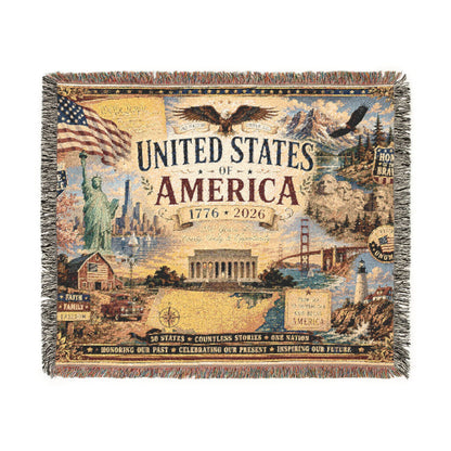 USA 250th Anniversary Woven Throw Blanket — Statue of Liberty, Mount Rushmore & American Flag Commemorative Throw