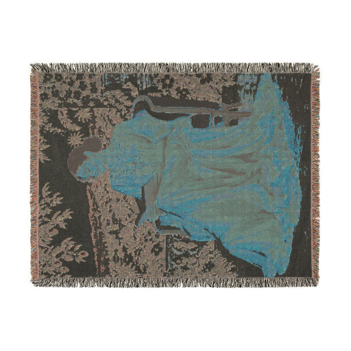 Woman Reading Blue Toile Woven Tapestry Blanket, Main Character Art, Book Lover Decor, 100% Cotton