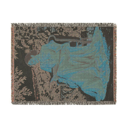Woman Reading Blue Toile Woven Tapestry Blanket, Main Character Art, Book Lover Decor, 100% Cotton
