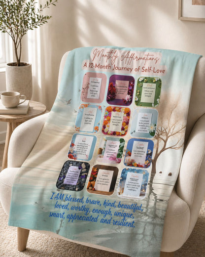 Monthly Affirmations Blanket — A 12 Month Journey of Self Love | Sherpa Throw | Mother's Day Gift for Her | Inspirational Gift for Women