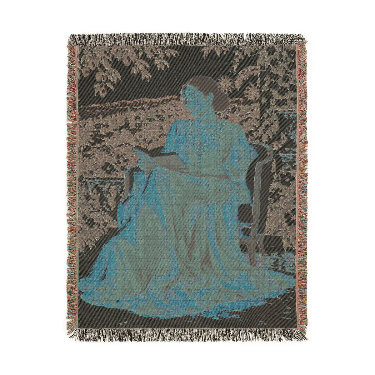Woman Reading Blue Toile Woven Tapestry Blanket, Main Character Art, Book Lover Decor, 100% Cotton
