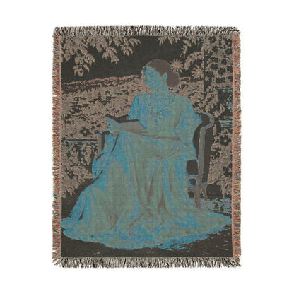 Woman Reading Blue Toile Woven Tapestry Blanket, Main Character Art, Book Lover Decor, 100% Cotton