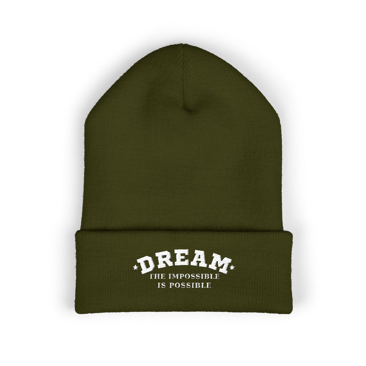 Dream The Impossible Is Possible embroidered cuffed beanie, Olive, front view