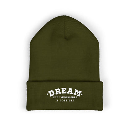 Dream The Impossible Is Possible embroidered cuffed beanie, Olive, front view