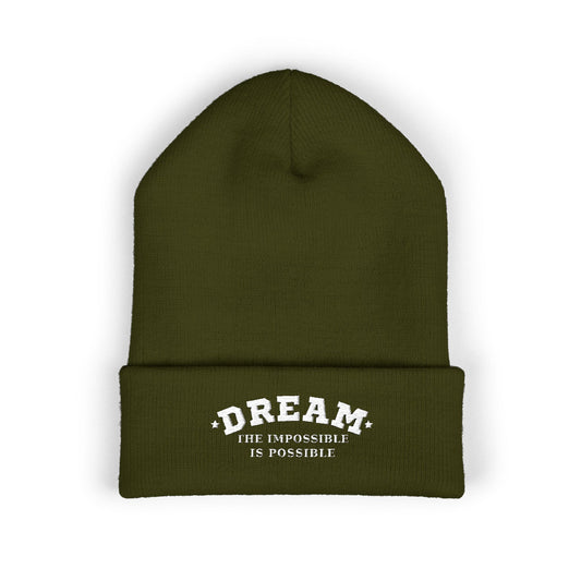 Dream The Impossible Is Possible embroidered cuffed beanie, Olive, front view