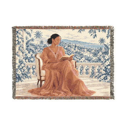 Woman Reading Blue Toile Woven Tapestry Blanket, Main Character Art, Book Lover Decor, 100% Cotton