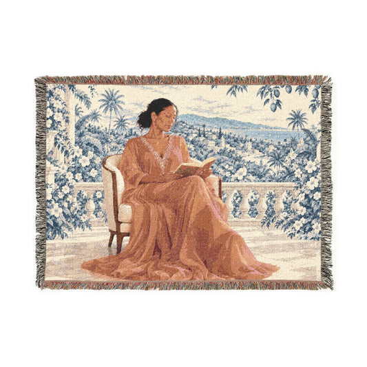 Woman Reading Blue Toile Woven Tapestry Blanket, Main Character Art, Book Lover Decor, 100% Cotton