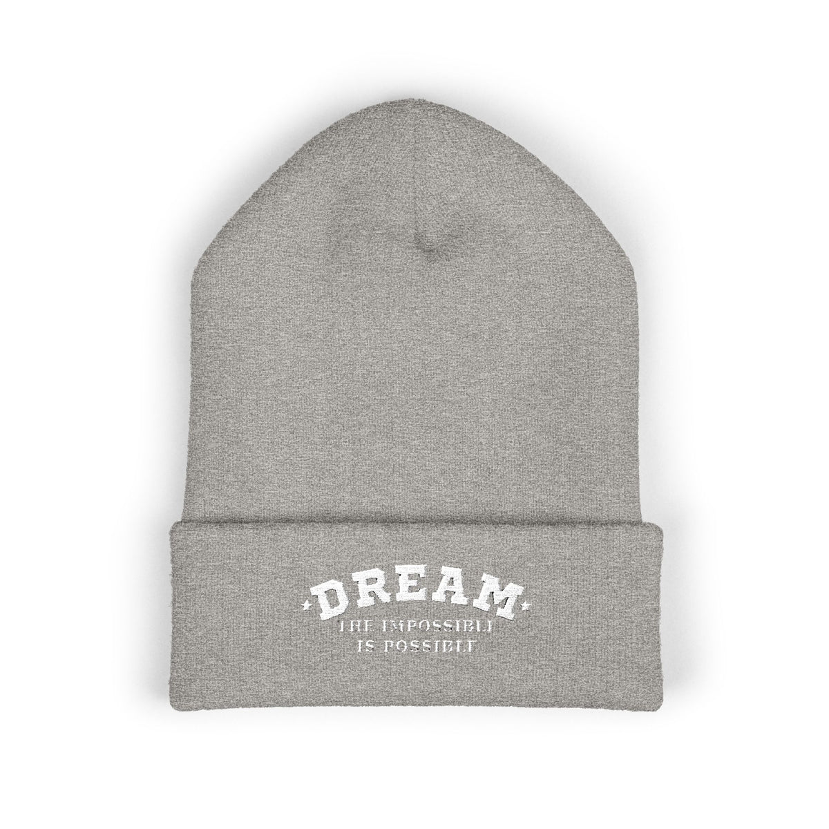 Dream The Impossible Is Possible embroidered cuffed beanie, Heather Grey, front view