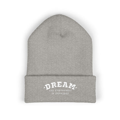 Dream The Impossible Is Possible embroidered cuffed beanie, Heather Grey, front view
