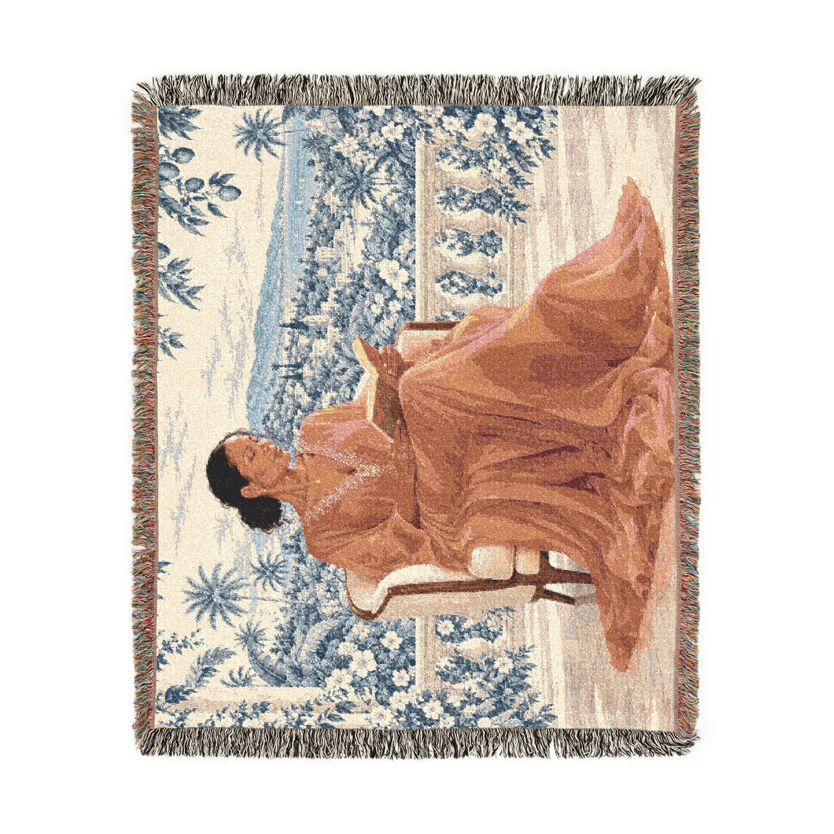 Woman Reading Blue Toile Woven Tapestry Blanket, Main Character Art, Book Lover Decor, 100% Cotton