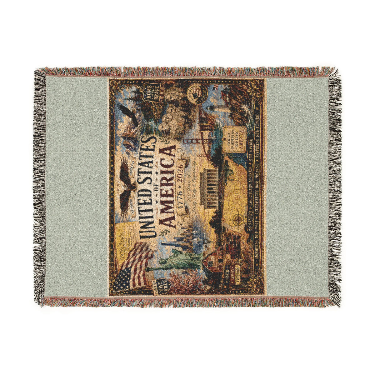 USA 250th Anniversary Woven Throw Blanket — Statue of Liberty, Mount Rushmore & American Flag Commemorative Throw