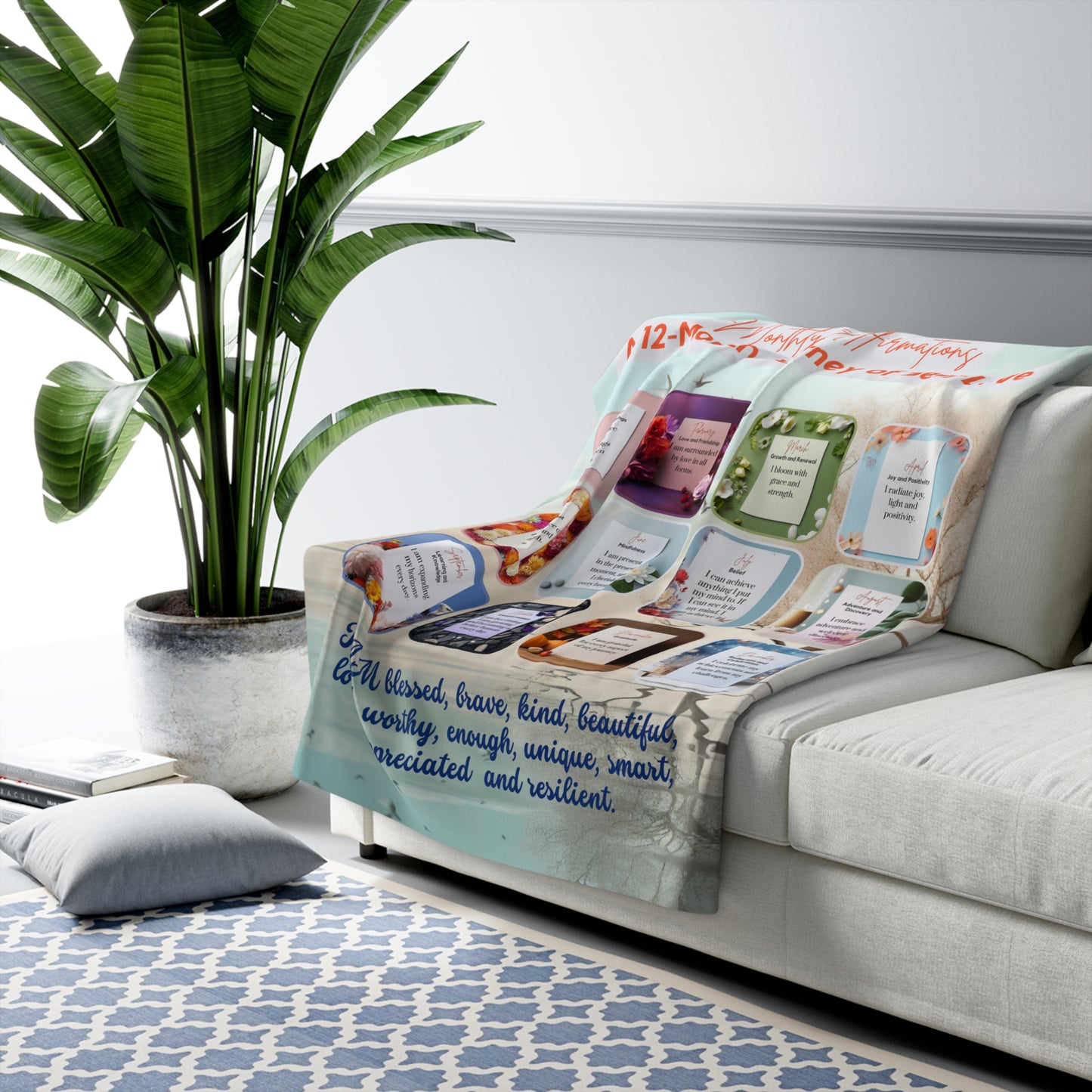 Monthly Affirmation Sherpa Fleece Blanket — Cozy Inspirational Throw for Daily Empowerment