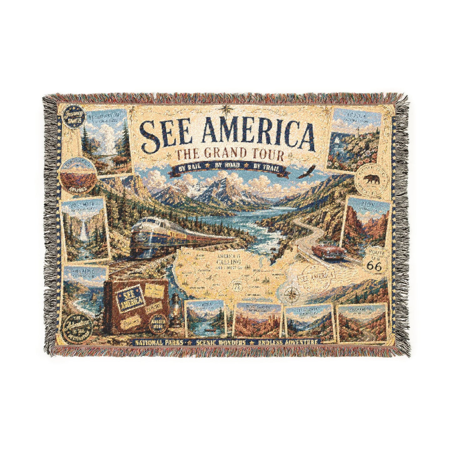 See America: The Grand Tour Woven Throw Blanket — Vintage Travel Map Design