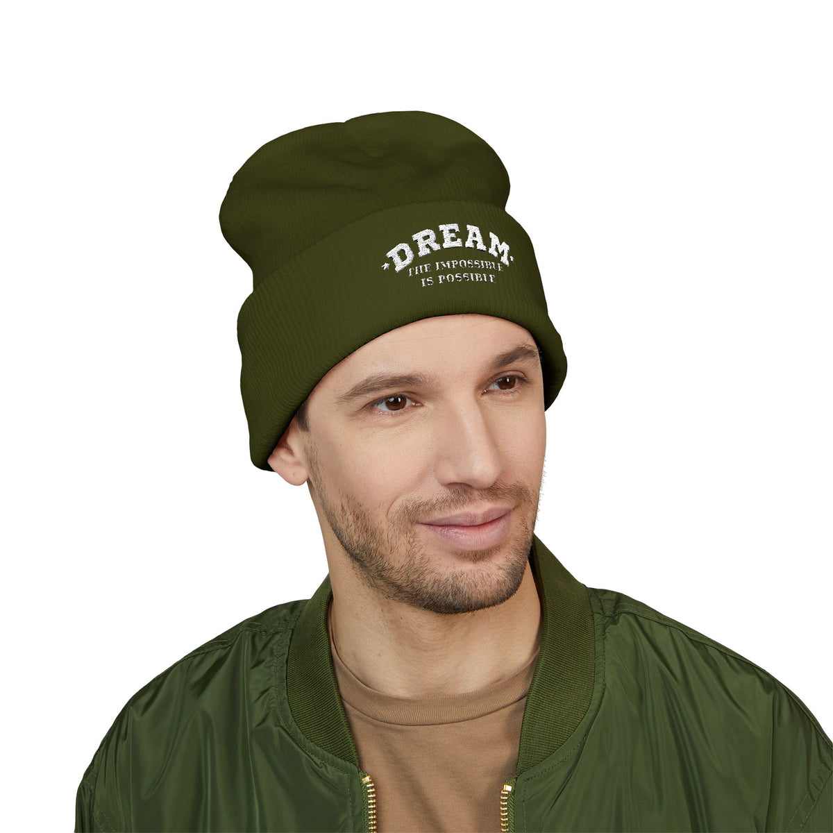 Man wearing the Dream The Impossible Is Possible embroidered cuffed beanie, Olive