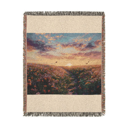 Serene Landscape at Dawn Woven Throw — Wildflower Tapestry | 100% Cotton