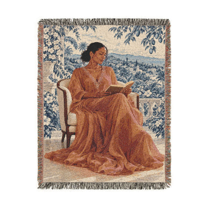 Woman Reading Blue Toile Woven Tapestry Blanket, Main Character Art, Book Lover Decor, 100% Cotton