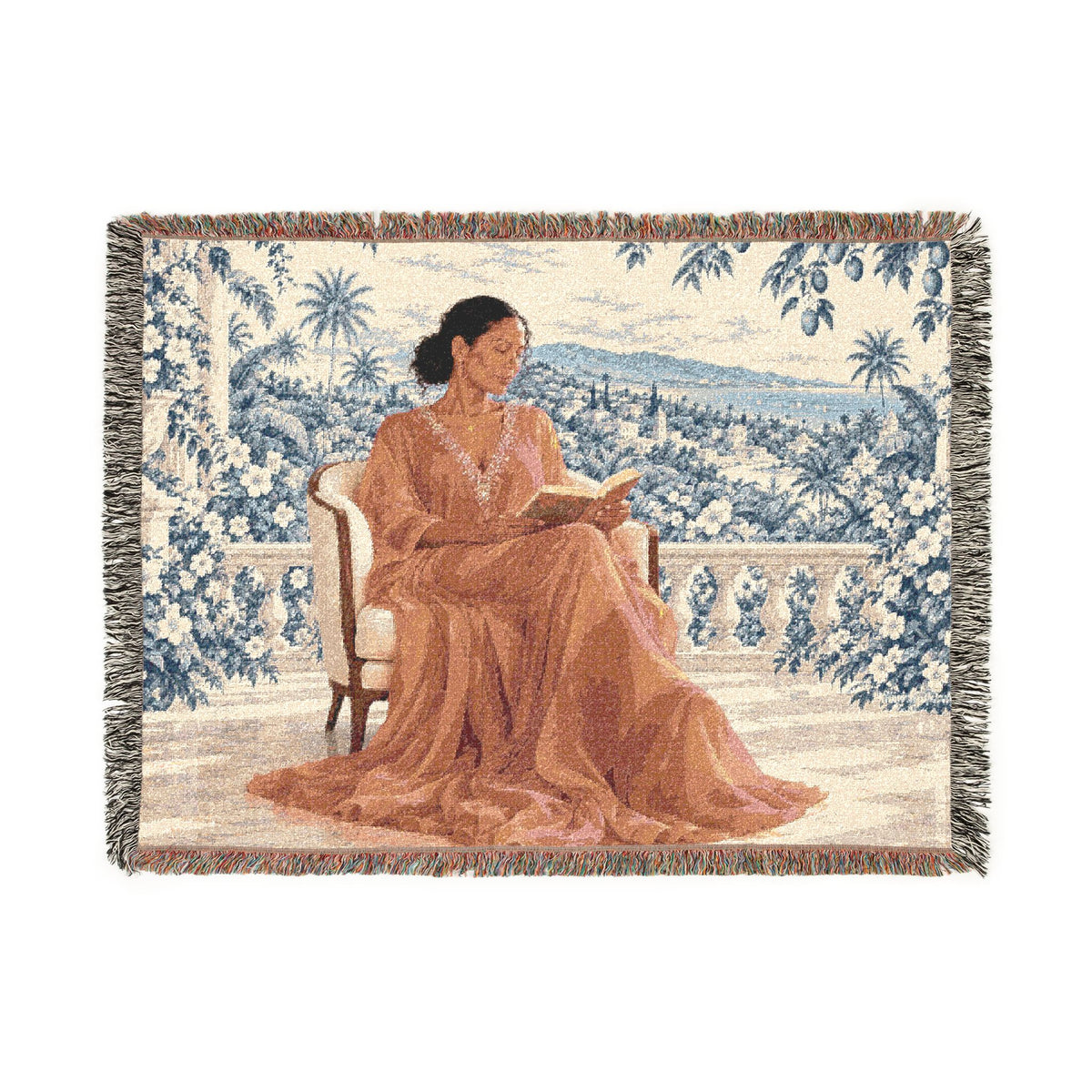 Woman Reading Blue Toile Woven Tapestry Blanket, Main Character Art, Book Lover Decor, 100% Cotton