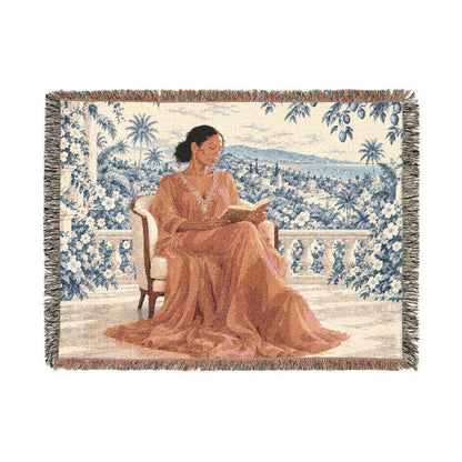 Woman Reading Blue Toile Woven Tapestry Blanket, Main Character Art, Book Lover Decor, 100% Cotton