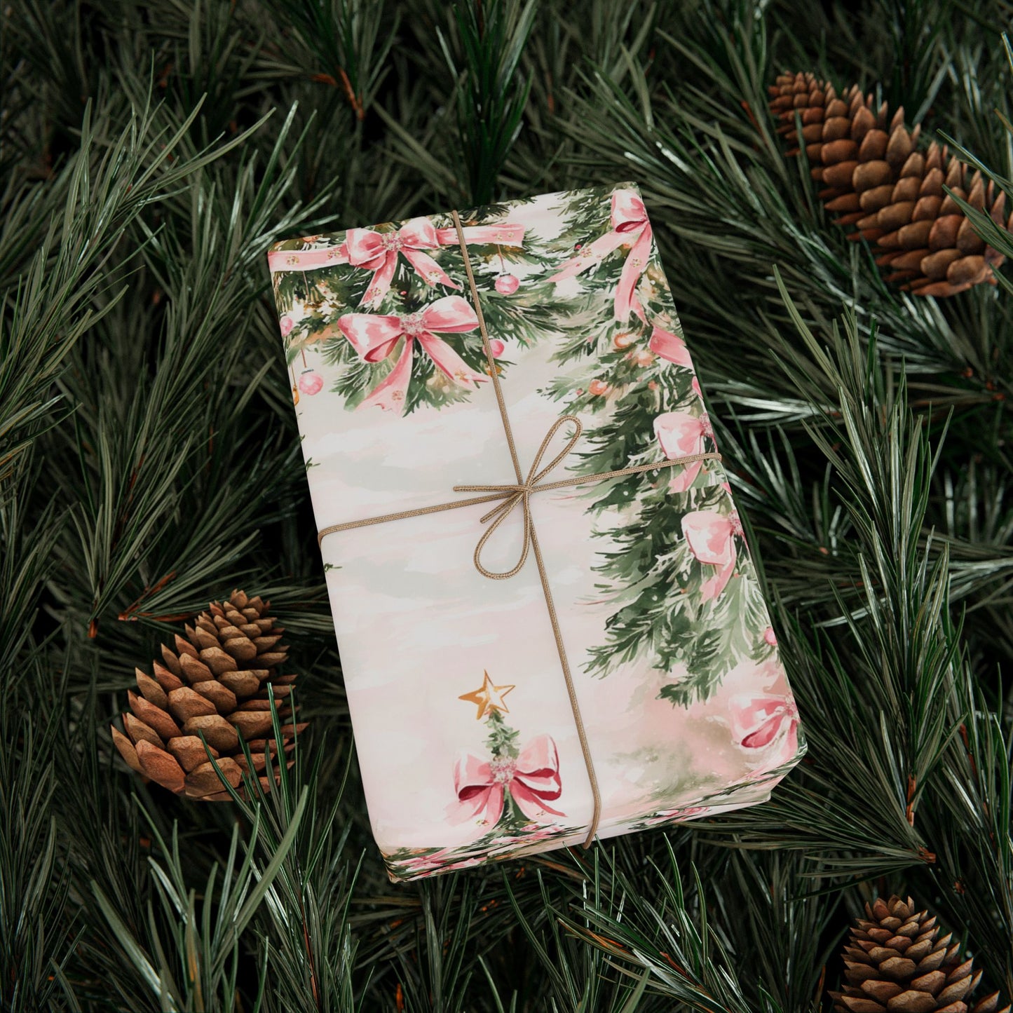 Romantic Coquette Christmas Gift Wrapping Paper with Pink Ribbon Trees