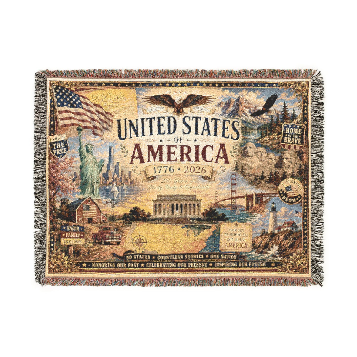 USA 250th Anniversary Woven Throw Blanket — Statue of Liberty, Mount Rushmore & American Flag Commemorative Throw