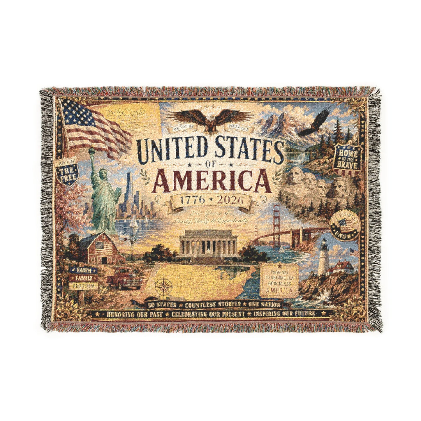 USA 250th Anniversary Woven Throw Blanket — Statue of Liberty, Mount Rushmore & American Flag Commemorative Throw