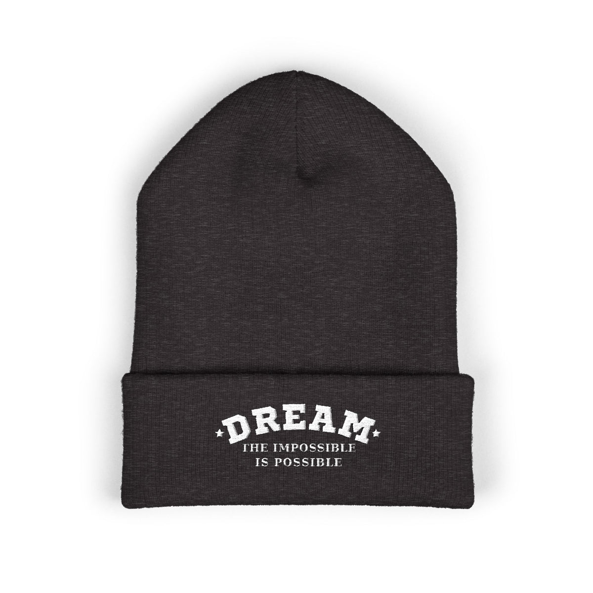 Dream The Impossible Is Possible embroidered cuffed beanie, Dark Grey, front view