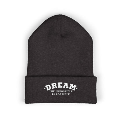 Dream The Impossible Is Possible embroidered cuffed beanie, Dark Grey, front view