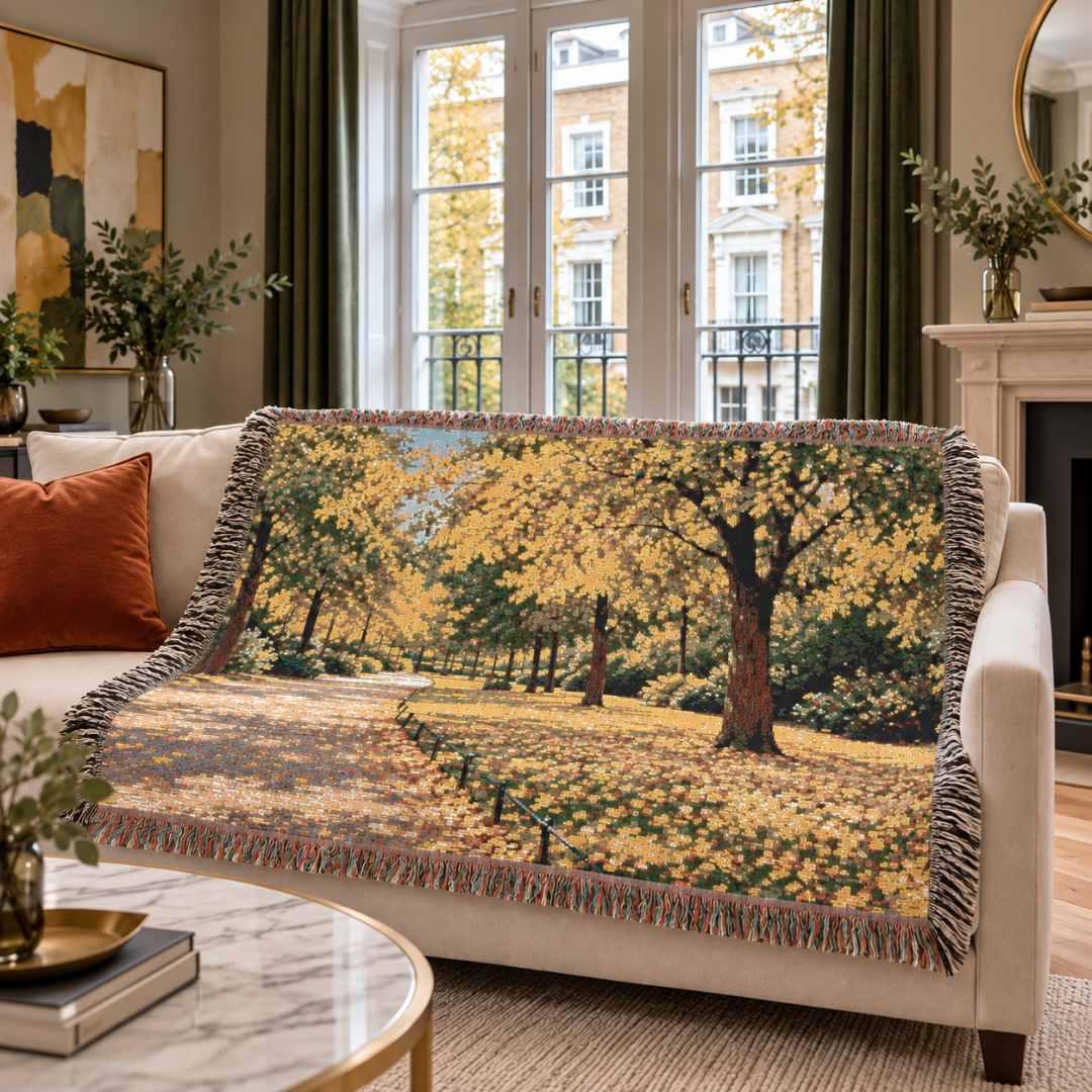 An October Walk Woven Throw — Autumn Park Landscape | 100% Cotton