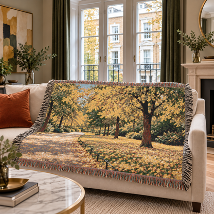 An October Walk Woven Throw — Autumn Park Landscape | 100% Cotton