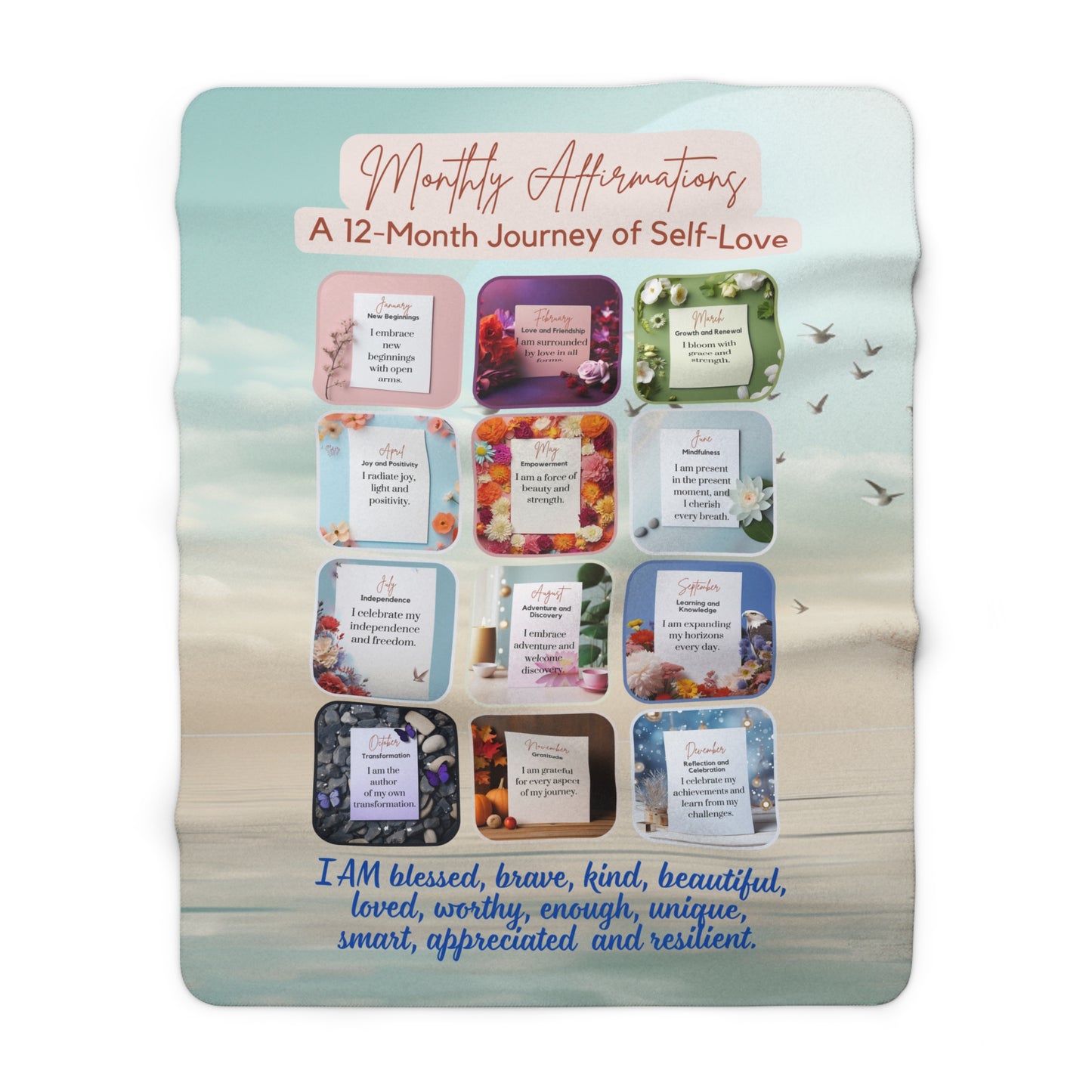 Monthly Affirmation Sherpa Fleece Blanket — Cozy Inspirational Throw for Daily Empowerment
