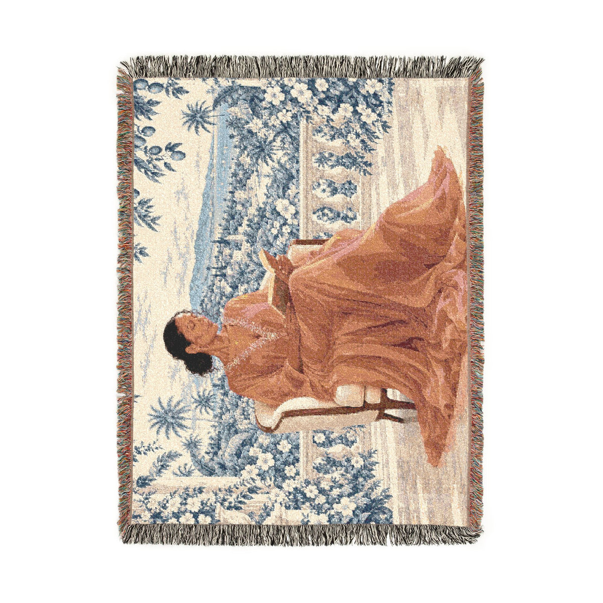 Woman Reading Blue Toile Woven Tapestry Blanket, Main Character Art, Book Lover Decor, 100% Cotton