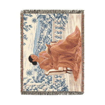 Woman Reading Blue Toile Woven Tapestry Blanket, Main Character Art, Book Lover Decor, 100% Cotton