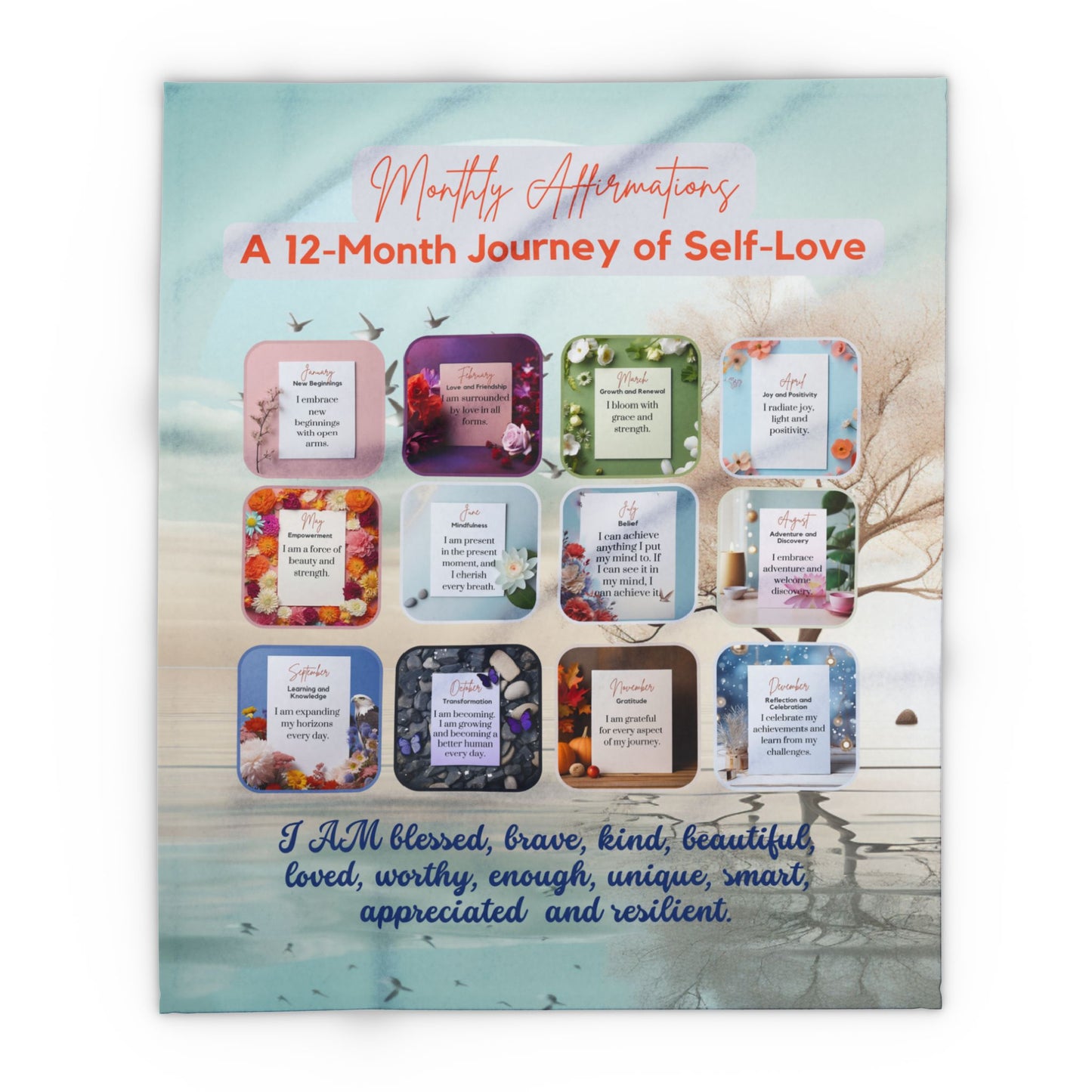 MONTHLY AFFIRMATION BLANKET: A 12-MONTH JOURNEY OF SELF-LOVE FLEECE BLANKET