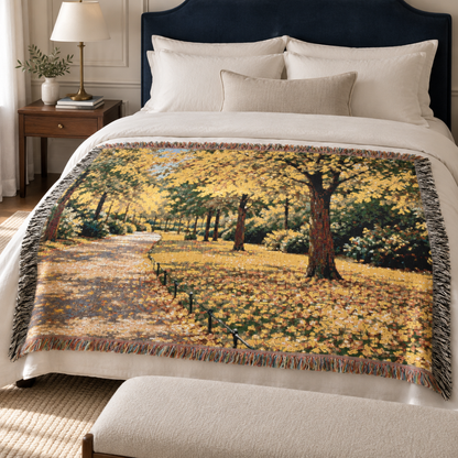 An October Walk Woven Throw — Autumn Park Landscape | 100% Cotton