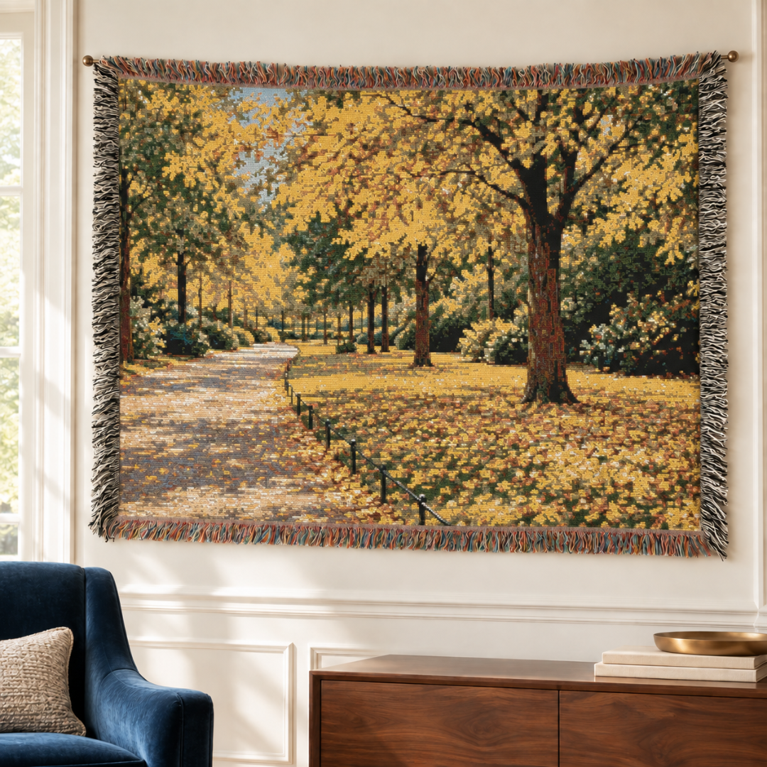An October Walk Woven Throw — Autumn Park Landscape | 100% Cotton