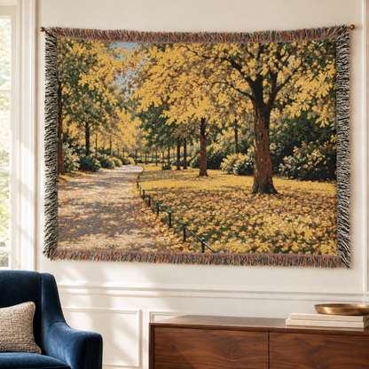 An October Walk Woven Throw — Autumn Park Landscape | 100% Cotton