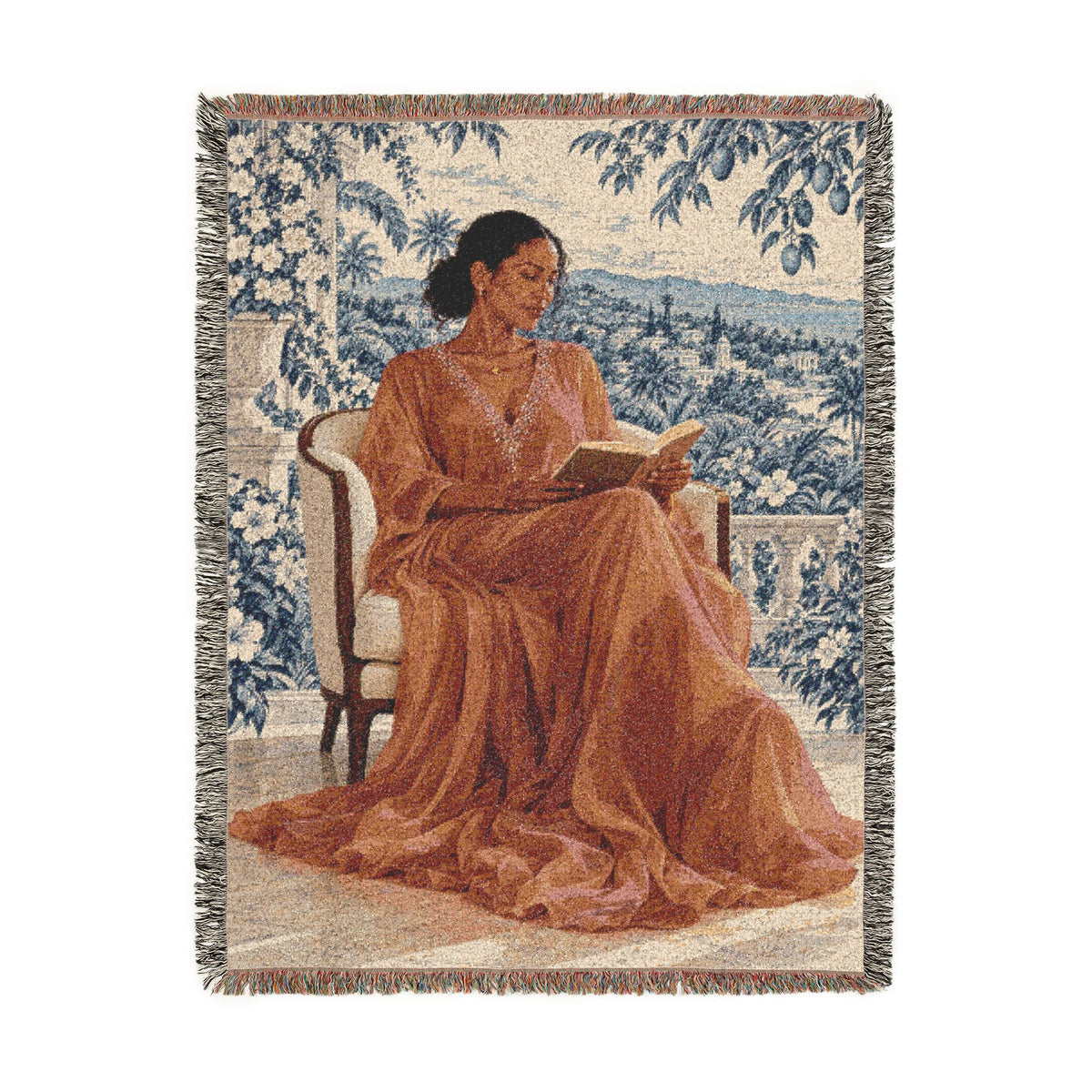 Woman Reading Blue Toile Woven Tapestry Blanket, Main Character Art, Book Lover Decor, 100% Cotton